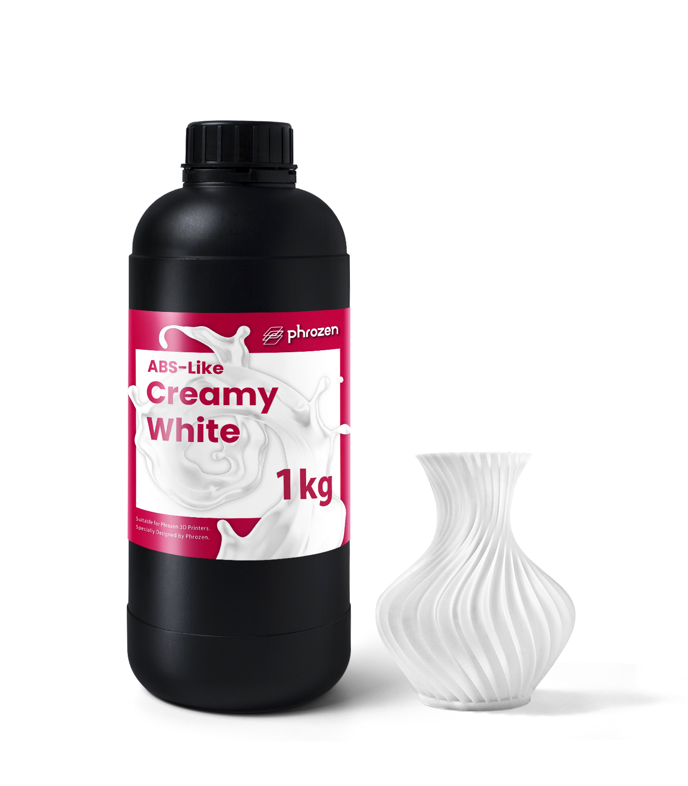 Phrozen ABS-Like Creamy White 1kg resin bottle next to a white twisted vase print.
